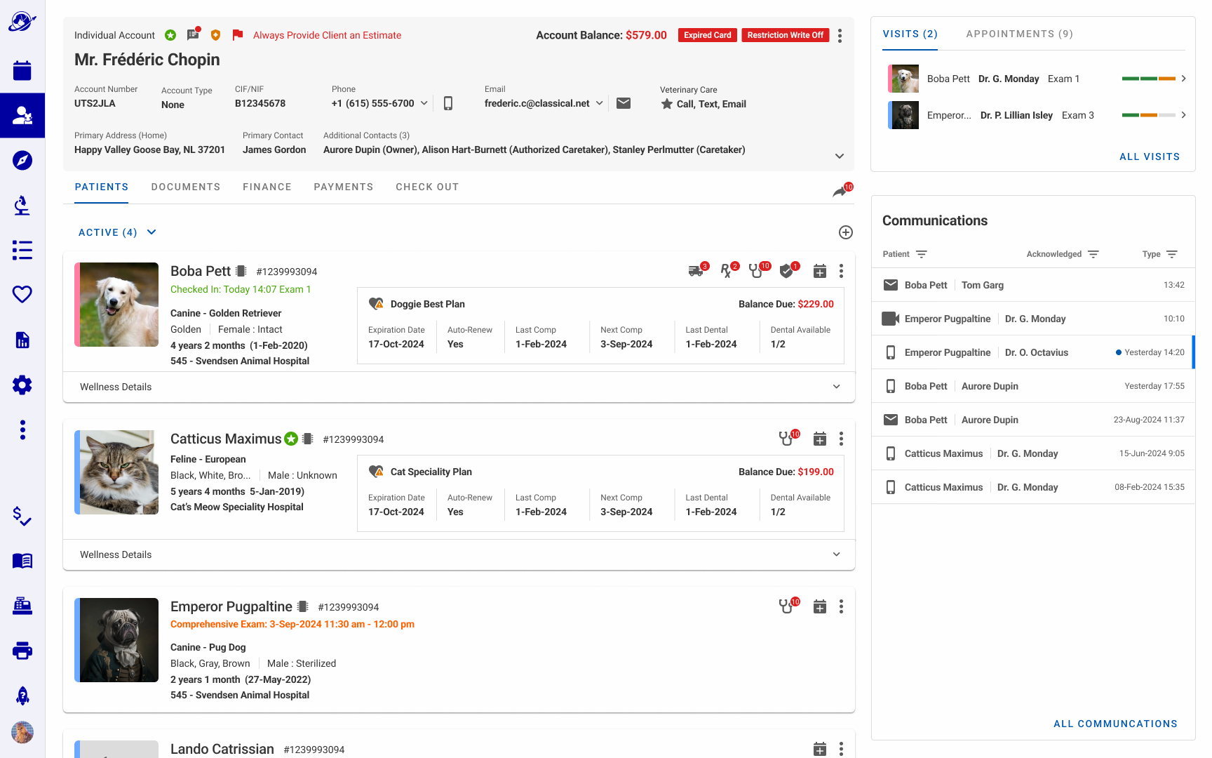 Product design UI of a veterinary client interface layout where patient cards are condensed into high-density horizontal rows, displaying key info like checking status, active plans, expiration dates, and remaining dental balances at a glance.