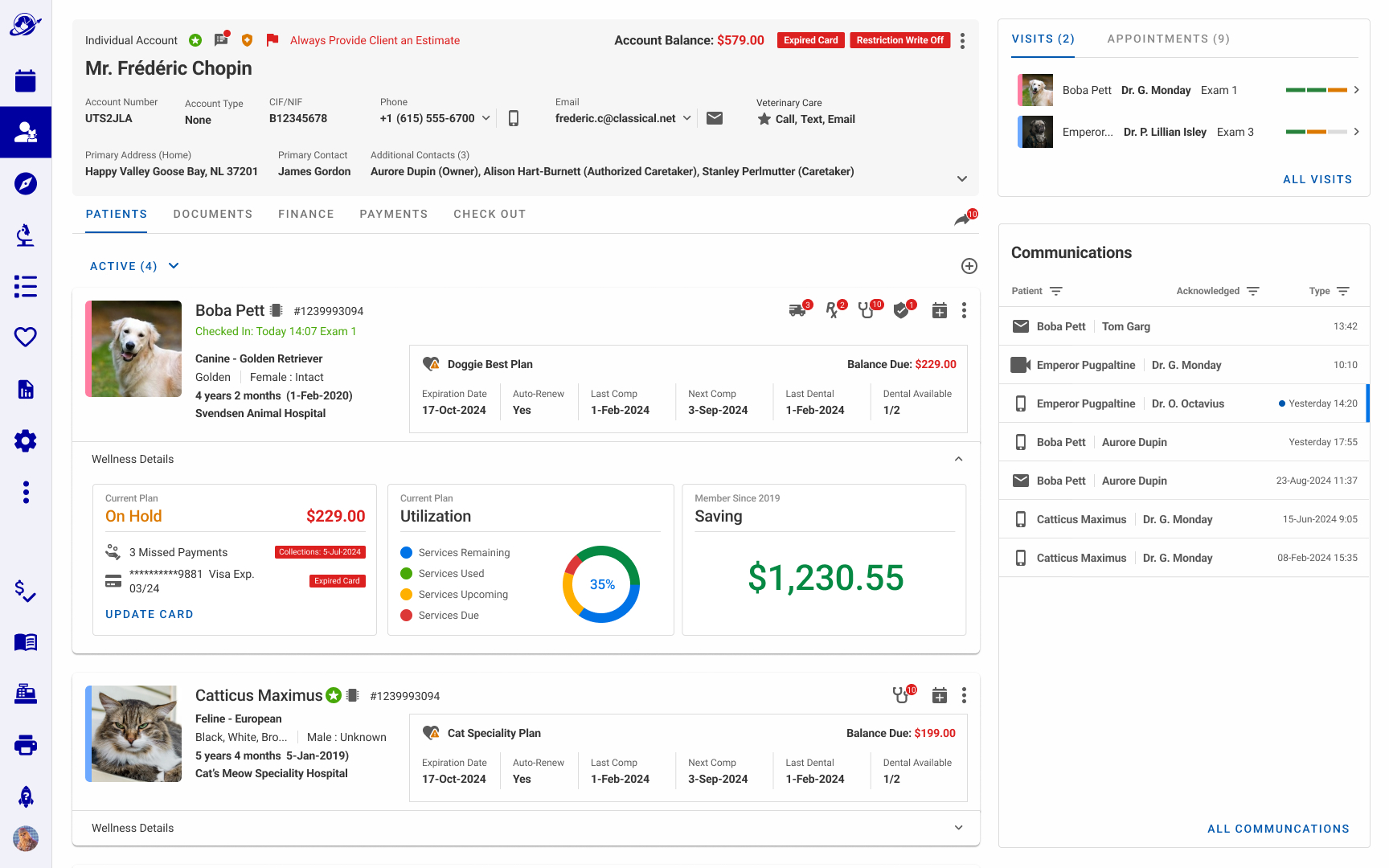 Veterinary client interface layout highlighting an expanded 'Wellness Details' subsection for a patient, featuring custom tracking widgets for billing status with an 'Update Card' action, a plan utilization donut chart, and a lifetime savings total.
