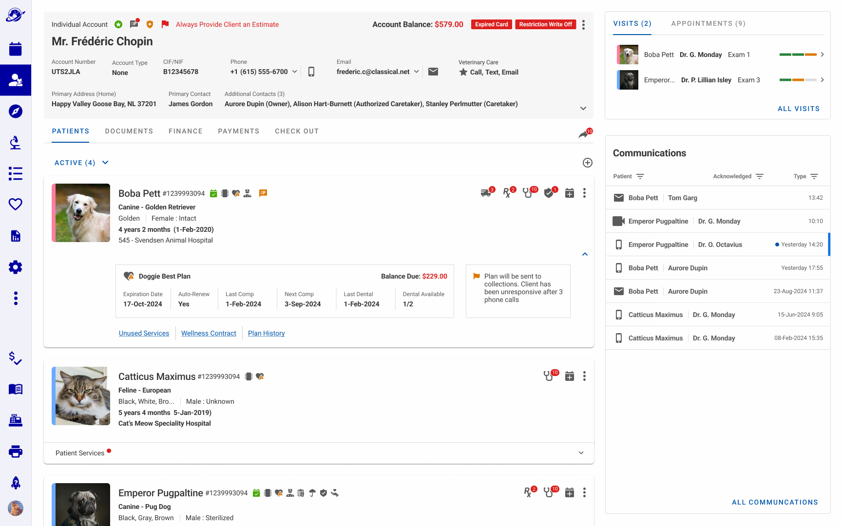 A redesigned veterinary client account interface showing a patient-first navigation structure, where individual patient profiles expand accordion-style to display specific information like active wellness plans, balances due, and upcoming appointments.