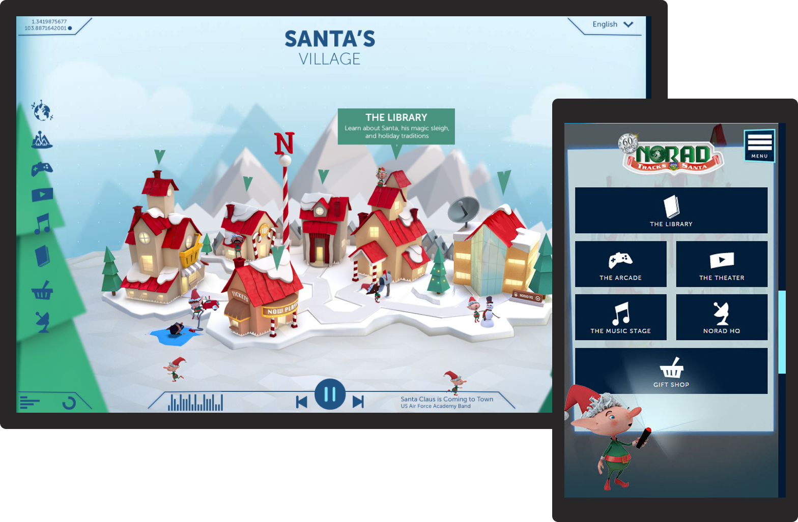 Photo of a child sitting on a couch holding a tablet that is displaying the Norad Tracks Santa village screen while facing a fireplace in their living room.